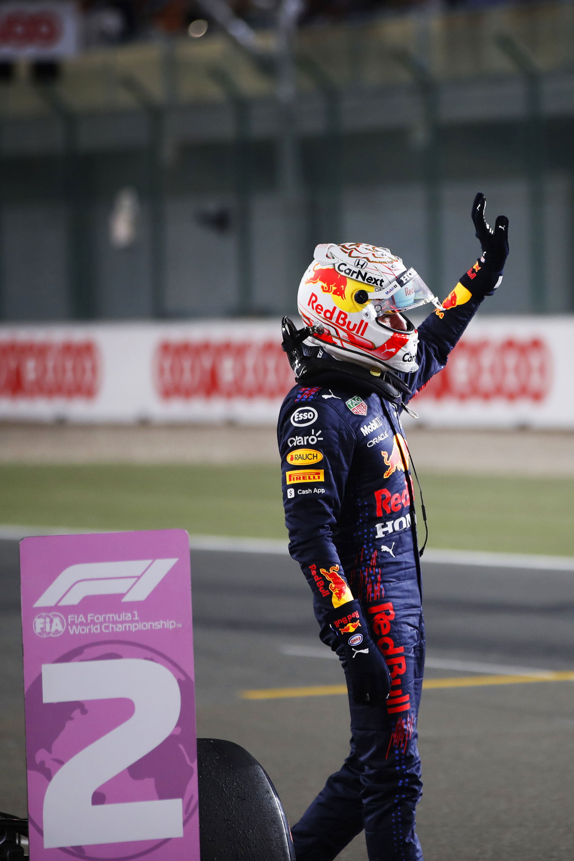 Max Verstappen, Red Bull Racing, waves to fans after Qualifying